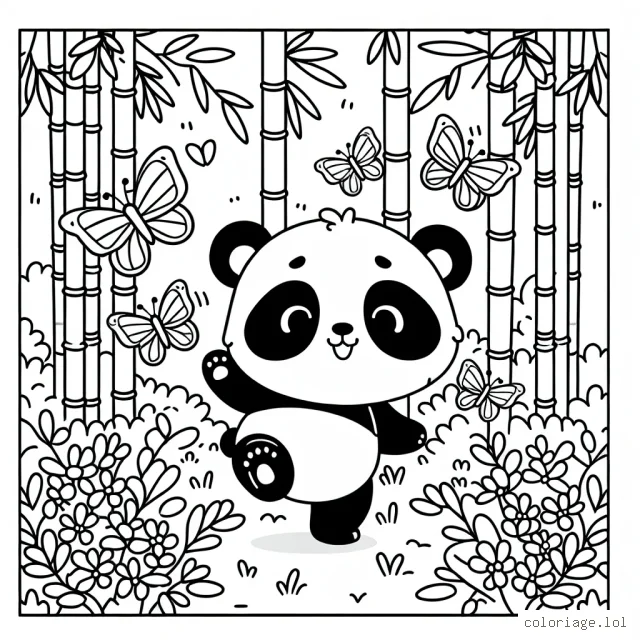 Un petit panda qui joue avec des papillons dans une forêt de bambous enchantée