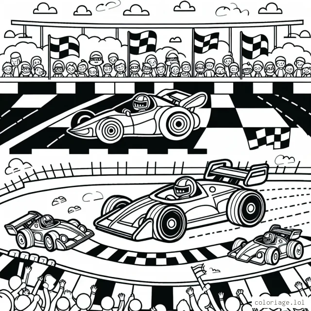 Imagine une scène de course passionnante avec différentes voitures de course et de styles. Ajoute quelques obstacles sur la piste et des spectateurs enthousiastes dans les gradins.