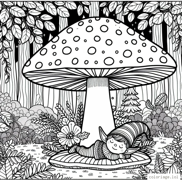 Une petite elfe endormie à l'ombre d'un champignon géant dans la forêt enchantée