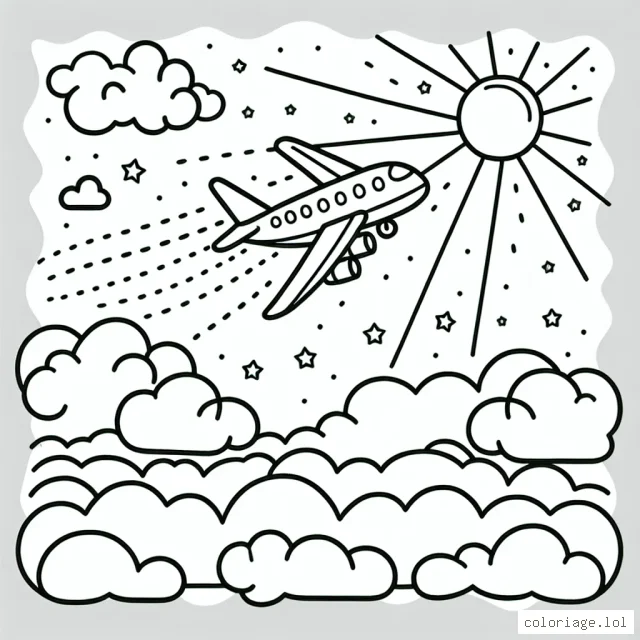 Un avion qui vole au-dessus des nuages avec le soleil qui brille à l'arrière-plan
