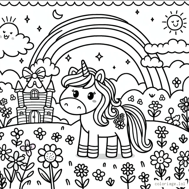 Dans une jolie prairie avec des fleurs de toutes les couleurs, se trouve une mignonne petite licorne avec une longue crinière. À côté, on aperçoit un arc-en-ciel et un château en sucre d'orge. Dans le ciel, on voit des étoiles et la lune souriante.