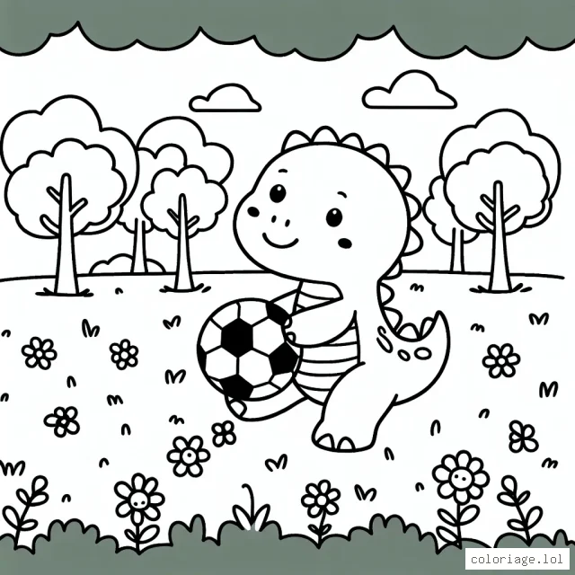 Dessine un adorable dinosaure jouant avec un ballon de football dans un parc rempli d'arbres et de fleurs