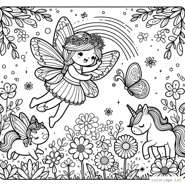 Une petite fée aux ailes lumineuses vole entre les fleurs colorées d'un jardin enchanté, un papillon à pois et une licorne à crinière arc-en-ciel la rejoignent dans sa danse aérienne. Dessinez cette scène et utilisez vos plus belles couleurs pour la faire vivre.