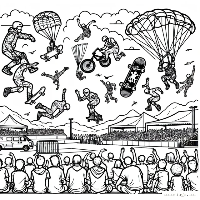 Imaginez un spectacle de sports extrêmes qui se déroule en plein air. Il y a des sportifs qui font du skateboard, du BMX, du roller freestyle et du parkour. Ils exécutent leurs mouvements préférés, comme des flips, des sauts et des figures acrobatiques. Dans le ciel, des parachutistes et des base jumpers tournoient et planent. Il y a également des spectateurs, des enfants et des adultes, qui regardent les sportifs avec admiration et excitation.