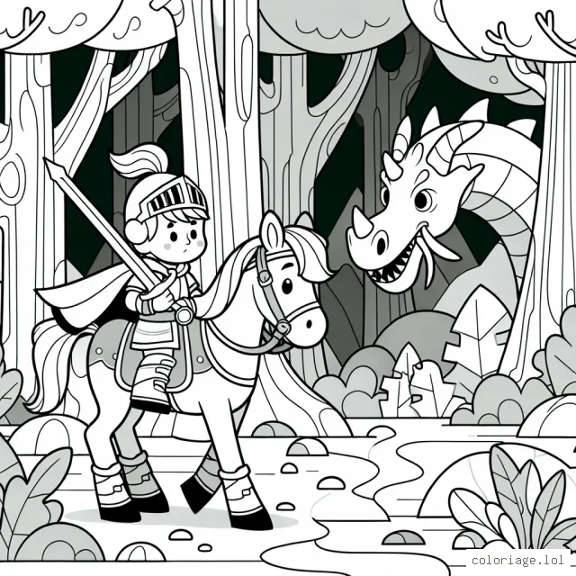 Sur cette page à colorier, un jeune chevalier audacieux s'aventure dans une forêt mystique à la recherche d'un trésor caché. Il est accompagné de sa fidèle monture et s'apprête à affronter un dragon redoutable qui garde le trésor. Des formes géométriques stylisées servent à donner un caractère unique aux arbres et au paysage environnant.