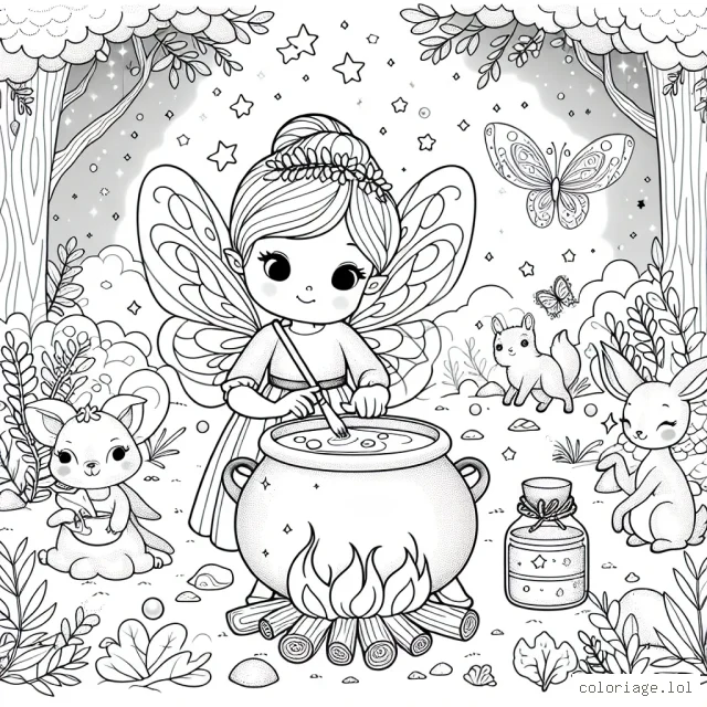 Dans un monde féérique, une petite fée aux ailes scintillantes est en train de préparer une potion magique à l'aide de son chaudron magique. Elle est entourée d'animaux de la forêt qui l'aident dans sa tâche. Dessine et colore cette scène magique en utilisant tes couleurs préférées.
