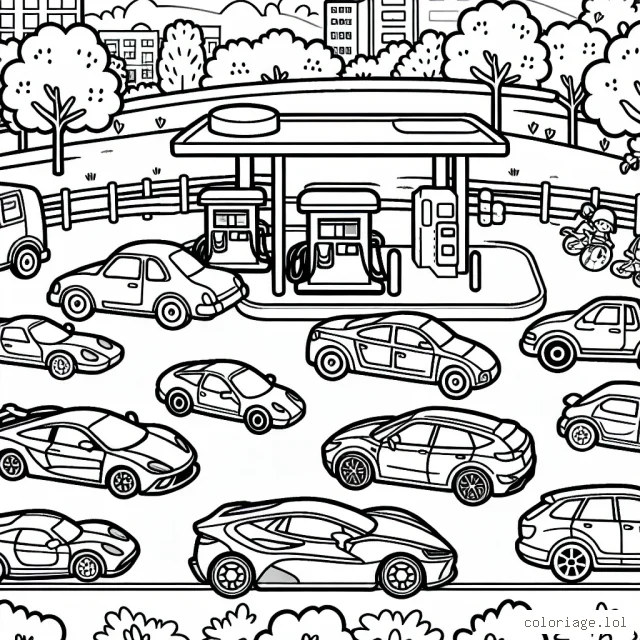 Montre une scène animée d'un parc de stationnement rempli de voitures de différentes formes et tailles. Les voitures sont stationnées à côté d'un parc avec des arbres, des bancs et des enfants qui jouent. Il y a une variété de voitures, comme des voitures de sport, des fourgonnettes, des camions et des voitures électriques. Une station-service est située au coin de la rue.