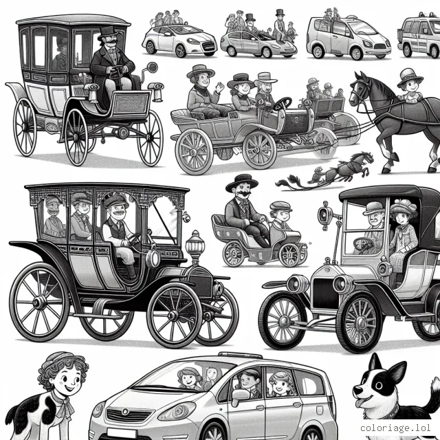 Un défilé animé de voitures de différentes époques et de pays, de la voiture à cheval de l'époque victorienne à la voiture électrique de joliment dessinée. Chaque voiture est unique en son genre, avec des détails riches et variés pour inspirer le coloriage. Des personnages sympathiques sont aussi présents - des conducteurs souriants, agitant la main, des enfants regardant avec admiration, des chiens joyeux courant après les voitures, et toutes sortes de personnages