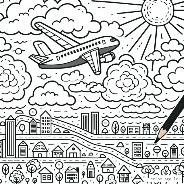 Dessine un avion de ligne volant à travers les nuages, avec le soleil en arrière-plan, et une ville en bas.