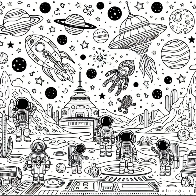 Imagine un paysage d'une base spatiale futuriste avec des astronautes, des planètes, des étoiles, des vaisseaux spatiaux et des créatures extraterrestres.