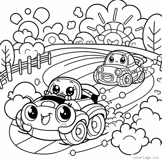 Dessine une scène amusante d'une course de voitures de dessins animés avec de jolis personnages.