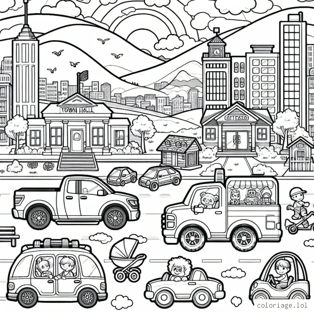 Dans cette scène, une variété de voitures circule dans une ville animée. On y voit une voiture de sport rouge, un pick-up bleu, un mini-van vert, une décapotable jaune et un bus urbain. Les bâtiments de la ville semblent raconter une histoire - la mairie, le bureau de poste, le parc avec aire de jeux, une pizzeria, et un magasin de jouets. Au loin, on aperçoit les montagnes et le coucher du soleil à l'horizon. Il y a aussi des gens qui se promènent, des enfants qui jouent et des chiens qui courrent.