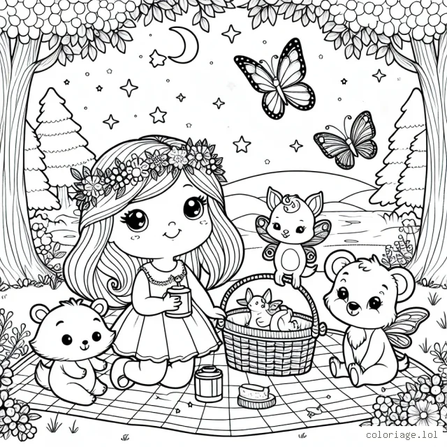 Un beau jour d'été, une petite fée a invité ses amis animaux pour pique-niquer dans la clairière magique. Peux-tu colorier cette merveilleuse journée ?
