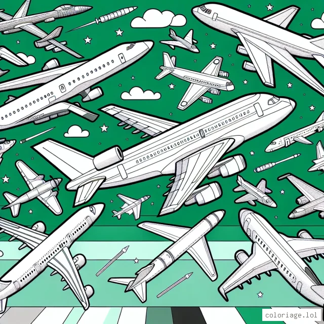 Survolons ensemble les cieux avec nos avions colorés, tu es prêt ? Des avions de toutes sortes t'attendent, des avions de chasse, des avions de ligne, des avions rétro et même des avions futuristes ! Prépare tes crayons de couleurs favoris et donne des couleurs vives et joyeuses à ces beaux avions qui n'attendent que de briller dans les cieux émeraude !