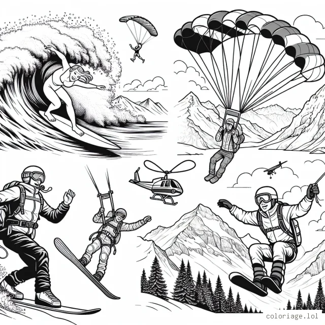 Dans cette scène de sports extrêmes, des athlètes s'engagent dans diverses activités. Un surfeur attrape une énorme vague, un parachutiste saute d'un avion, un snowboardeur descend une pente enneigée et un alpiniste escalade une haute montagne.