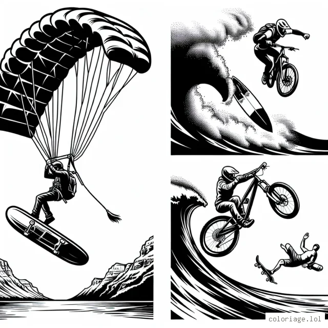 Dessinez un parachutiste en plein saut, un vététiste dévalant une pente escarpée, un surfeur sur une vague géante et un skateur réalisant une figure acrobatique.