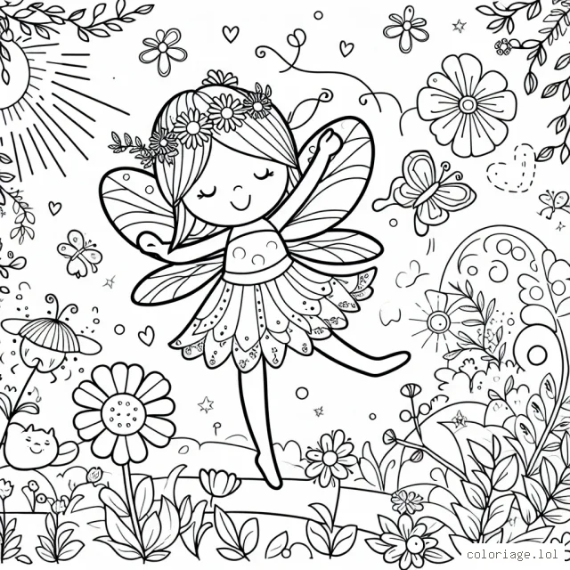 C'est un beau jour d'été et une petite fée joyeuse est en train de virevolter dans un jardin plein de fleurs magnifiques et de petits animaux mignons. Peux-tu l'aider à rendre ce jardin encore plus merveilleux en ajoutant tes couleurs préférées?