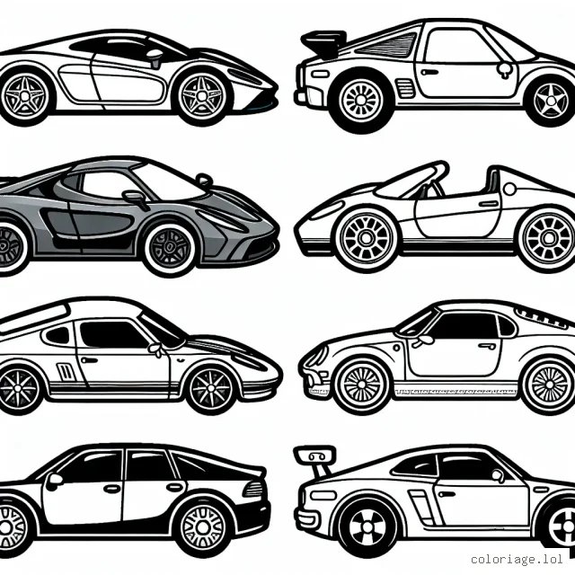 Colorie les voitures de différentes marques célèbres : Ferrari, Lamborghini, Tesla, Renault, BMW, et Mercedes !