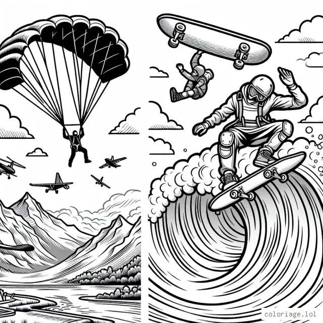 Un saut en parachutisme juste avant de tourbillonner dans le ciel, où un skateboarder effectue une figure sur une demi-lune. Au milieu, des surfeurs chevauchent les vagues gigantesques. Dessine et colorie les figures impressionnantes pratiquées dans ces sports extrêmes.