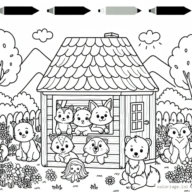 Un groupe d'animaux familiers dans leur maison de rêve dans le jardin exubérant