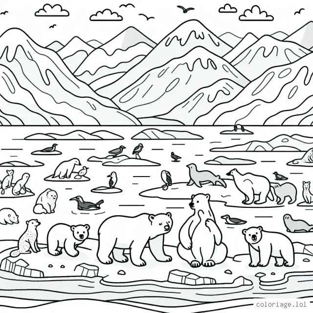 Regarde ce joli dessin de la banquise avec tous ses habitants ! Peux-tu le colorier en utilisant les bonnes couleurs pour chaque animal et élément de cette scène gelée?