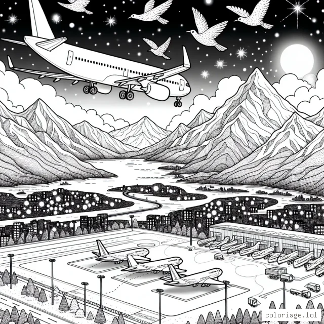 Dans ce scénario de dessin, nous avons un paysage aérien emballé d'aventure. Au centre se trouve un avion de ligne volant majestueusement entre deux spectaculaires montagnes enneigées. Une bande de jolis oiseaux migrateurs volent à côté de l'avion, semblant l'accompagner dans son voyage. Au loin, le soleil se couche, tachetant le ciel de teintes crépusculaires mélangeant l'orange, le rose et le violet. Sur le sol, on peut apercevoir un aéroport avec des avions garés prêts à décoller, entouré par une ville animée. Des points de lumière sont visibles, représentant la vie urbaine en effervescence sous les étoiles naissantes.