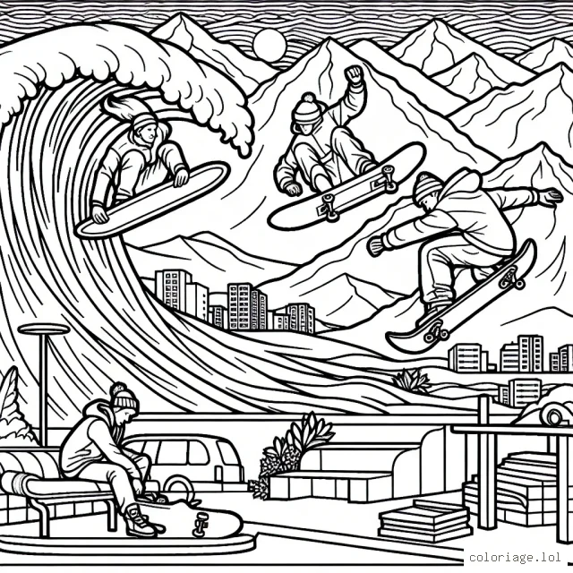 Dessine un surfeur en pleine action sur une vague géante, un snowboardeur qui glisse sur une montagne enneigée et un skateboarder qui réalise une figure acrobatique dans un skate park urbain.