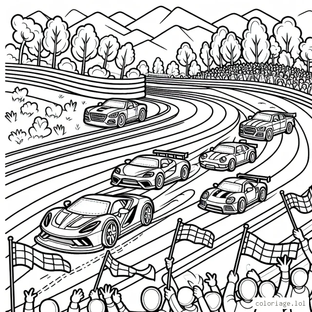 Dessine une course animée de voitures de sport ultra-rapides sur une piste en zigzag avec des fans agitant des drapeaux de couleurs différentes dans les gradins. Les voitures doivent être de différentes formes et tailles, y compris une voiture de sport, un SUV, un pickup, une berline et même une mini-fourgonnette. Il doit y avoir des arbres et des montagnes à l'arrière-plan.