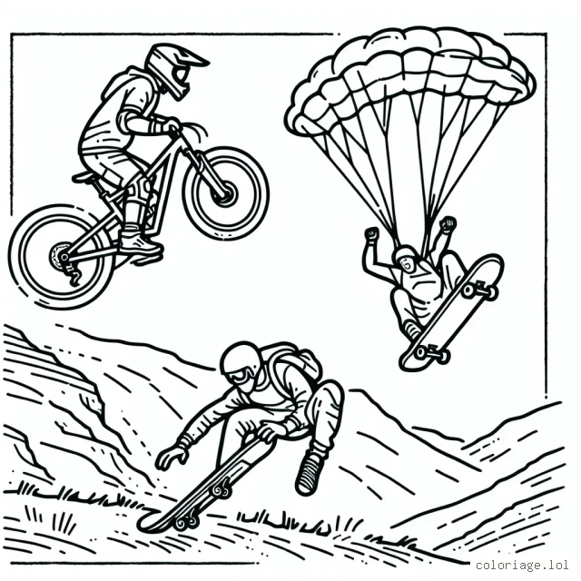 Un dessin brouillant avec un VTTiste qui dévale une pente raide, un skateboarder qui s'élance sur une rampe, et un skydiver à l'atterrissage.