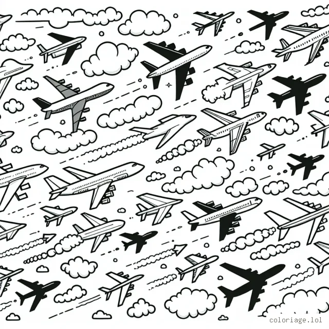 Imagine un ciel rempli d'avions de types différents, allant des avions de chasse rapides aux grands avions de passagers. Chaque avion se déplace dans une direction différente, laissant derrière lui une traînée de fumée que tu peux colorier de toutes les couleurs que tu veux. Par ailleurs, il y a aussi de petits nuages flottant ici et là que tu peux rendre aussi réalistes ou fantaisistes que tu le souhaites.