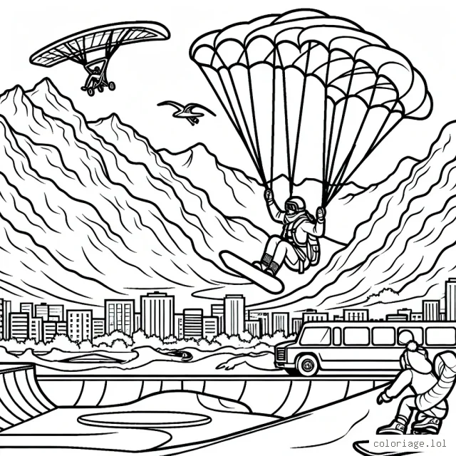 Un parachutiste survolant une chaîne de montagnes enneigées enneigées avec une planche de snowboard attachée à ses pieds, un skateur effectuant une acrobatie dans un skatepark urbain et un surfeur chevauchant une vague gigantesque