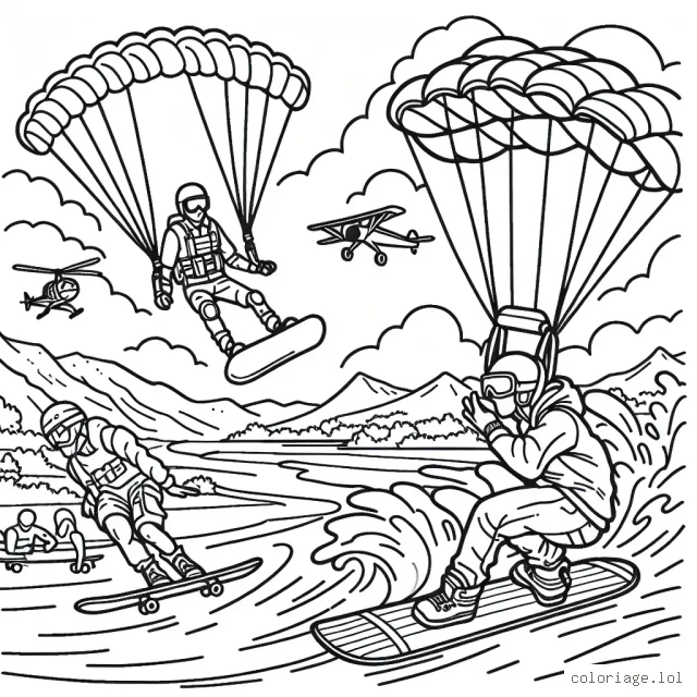Un athlète fait du snowboard tandis qu'une personne fait du parachutisme en arrière-plan, et en dessous, un skateboarder effectue un truc. Dans l'eau, un surfeur attend la prochaine grande vague.