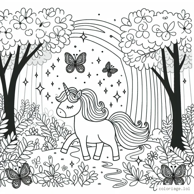 Une licorne magique se promenant dans la forêt enchantée entourée de papillons scintillants