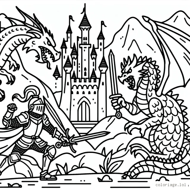Dessine un chevalier courageux combattant un dragon féroce devant un château majestueux.