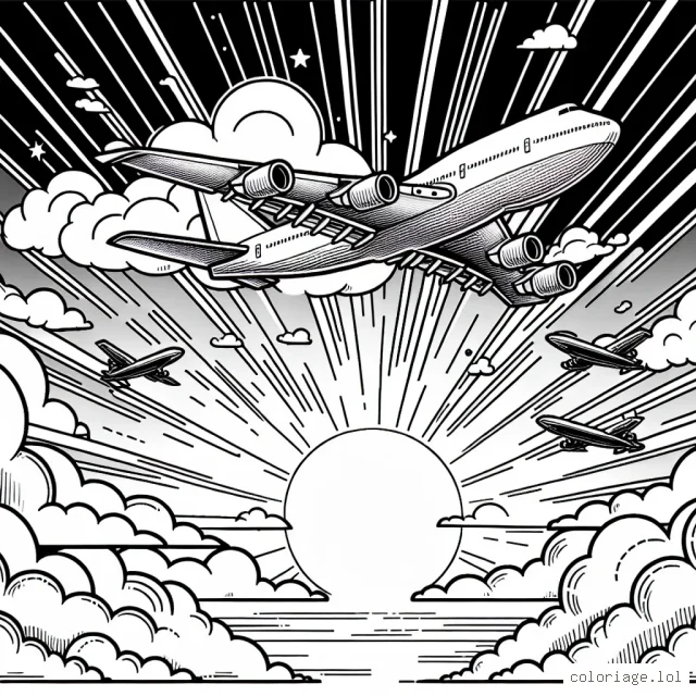 Imagine un avion volant haut dans le ciel, traversant les nuages lumineux et radiant au coucher du soleil. Il y a d'autres avions plus petits volant autour, comme s'ils jouaient à un jeu de tag. Dessine ce scène vivante et dynamique!