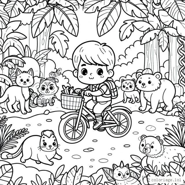 Un petit garçon courageux sur son vélo, traversant la jungle peuplée d'animaux sauvages