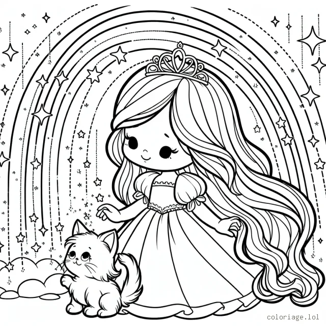 Une petite princesse aux longs cheveux dorés est en train de jouer avec son adorable petit chaton sous la pluie magique d'étoiles étincelantes.