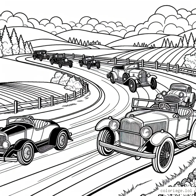 Une course palpitante de voitures d'époque sur une route sinueuse à travers la campagne
