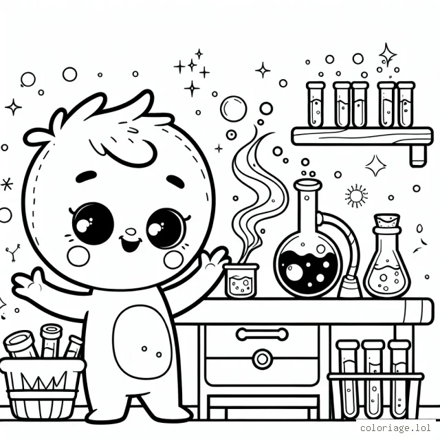 Un gentil petit monstre en train de préparer des potions magiques dans son laboratoire coloré