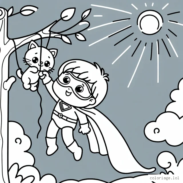 Nous allons colorier un petit garçon courageux qui est un super héros. Il porte un costume de couleur bleue avec une cape rouge. Il est en train de sauver un petit chaton pris dans un arbre très haut. Le soleil brille dans le ciel, il fait une belle journée.