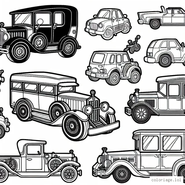 Un coloriage détaillé de voitures par marque et modèle pour faire découvrir aux enfants le monde de l'automobile de façon ludique et éducative.
