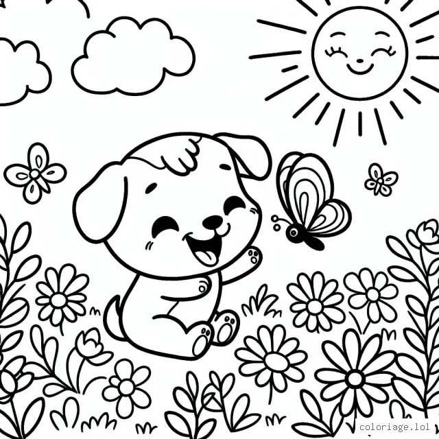Un petit chiot joue avec un papillon dans une prairie fleurie sous le doux regard d’un soleil souriant.