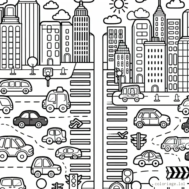 Dessin d'une scène animée avec des voitures qui parcourent une ville pleine de vie