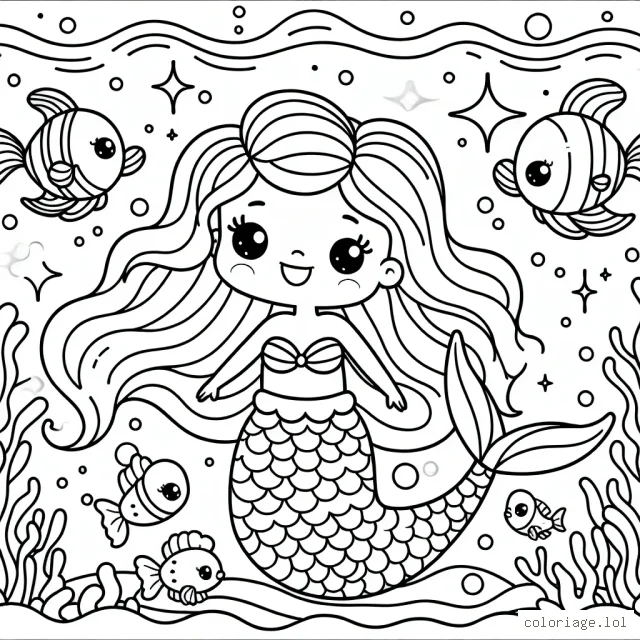 Une petite sirène amicale aux cheveux ondulés et à la queue chatoyante nageant aux côtés de ses amis poisson dans un océan étincelant.