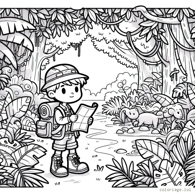 Un jeune explorateur avec son sac à dos et sa carte se prépare pour une grande aventure dans la jungle épaisse, remplie d'animaux sauvages et de plantes exotiques. Il y a même un trésor caché quelque part!