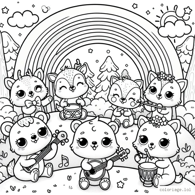 Dessine une forêt enchantée avec des animaux mignons qui jouent des instruments de musique sous un arc-en-ciel.