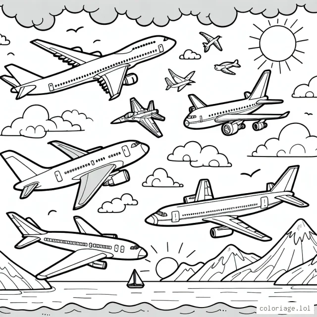 Sur cette page, quatre différents types d'avions sont dessinés : un avion de ligne, un avion de chasse, un avion cargo et un hydravion. Chacun vole dans un environnement qui lui est propre : ciel dégagé, nuages, montagnes et mer. Le soleil est visible dans le ciel, ajoutant de la chaleur à la scène. Il y a aussi des oiseaux volant librement. Chaque avion est détaillé pour rendre le travail de coloriage plus intéressant et éducatif.