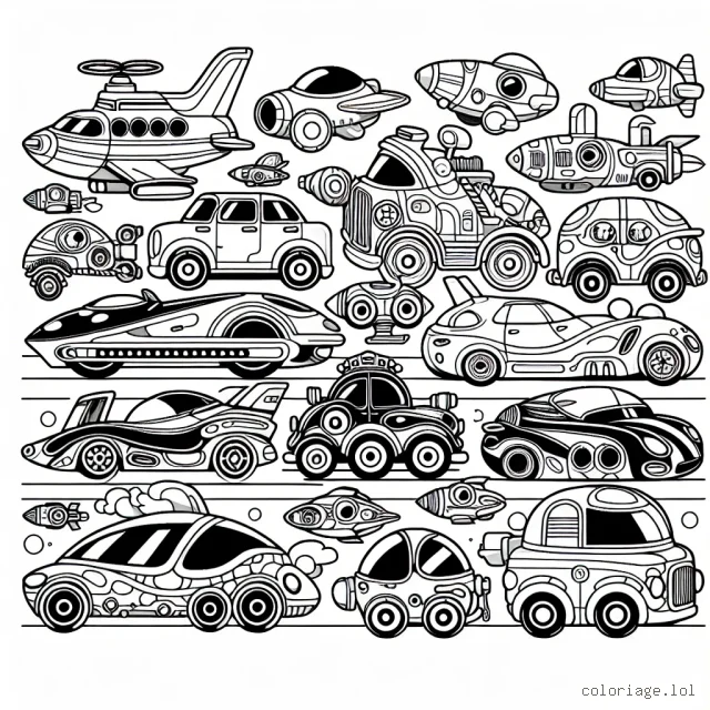 Un défilé de voitures extravagantes est en train de passer dans votre rue! Il y a des voitures de toutes formes, tailles et couleurs. Il y a des voitures avec des formes d'animaux, des voitures futuristiques, des voitures classiques et même des voitures volantes! Maintenant, c'est à votre tour de leur donner vie avec vos couleurs préférées.
