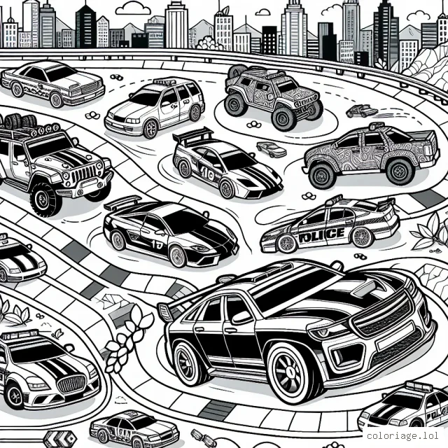 Des voitures de toutes sortes parcourant une piste de course sinueuse, avec un paysage urbain en arrière-plan. Des voitures de course, des véhicules tout-terrain, des berlines, des voitures de sport, et même des voitures de police et des taxis garés le long de la piste. Chaque voiture a des motifs uniques et beaux, prêts à être colorés pour lui donner vie.