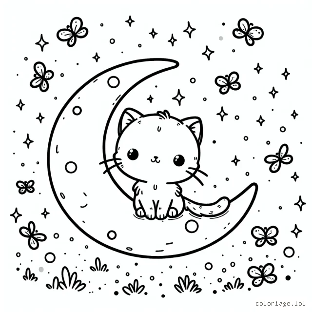 Un petit chaton timide assis sur une lune en forme de croissant, entouré de lucioles scintillantes